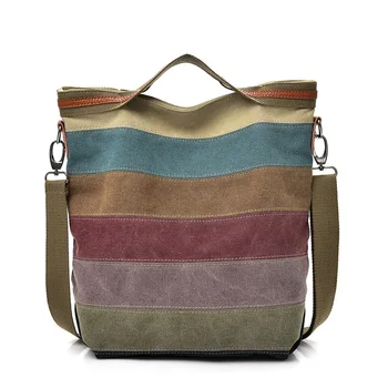 

Fashion Women Handbag Canvas Bag Patchwork Casual Women Capacity Shoulder Bags Female Messenger Bag Ladies Rainbow Purse Pouch