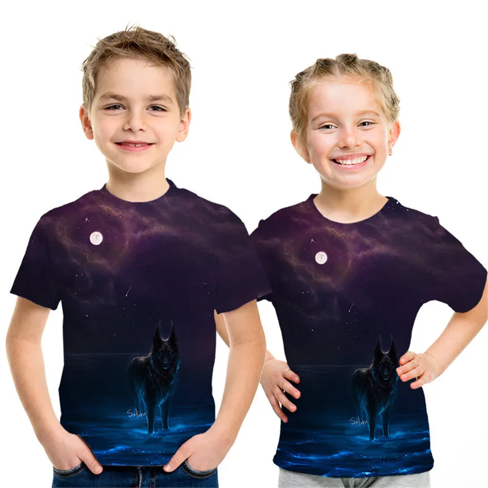 Летняя детская космической галактики 3D футболка Ангел животное, Лев, тигр Волк с леопардовым принтом для маленьких мальчиков и девочек, футболка для детей модная футболка