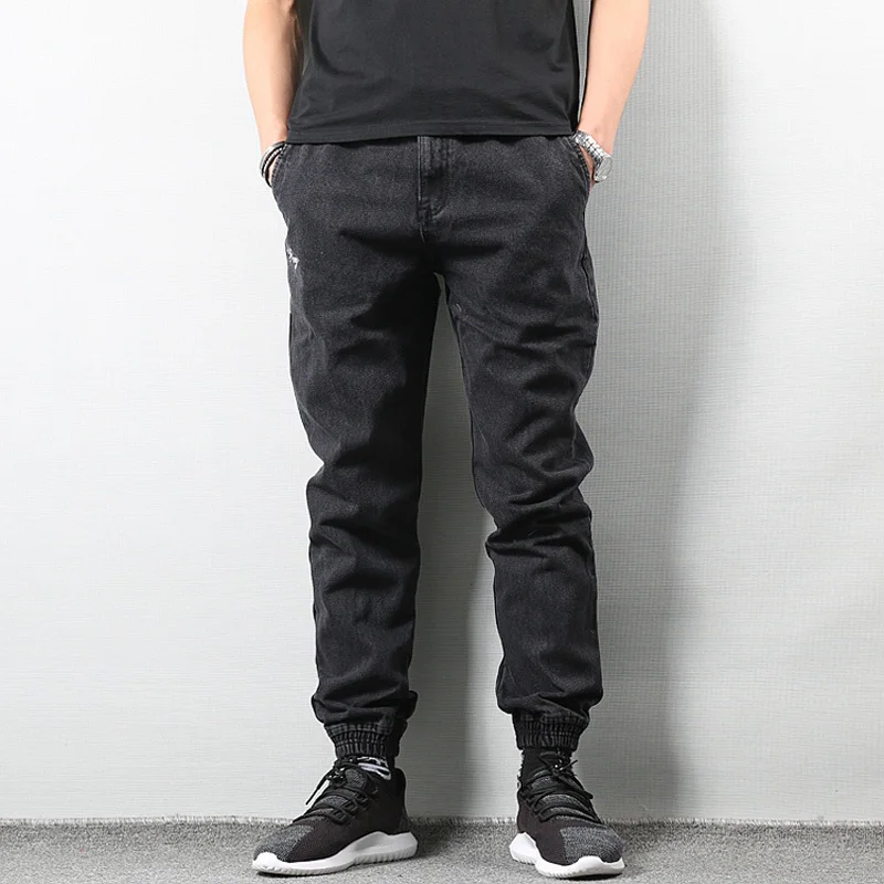 Японский стиль, модные мужские джинсы черного цвета, высокое уличное свободное крой, брюки карго, эластичные, с завязками на лодыжке, хип-хоп джинсы Джоггеры для мужчин