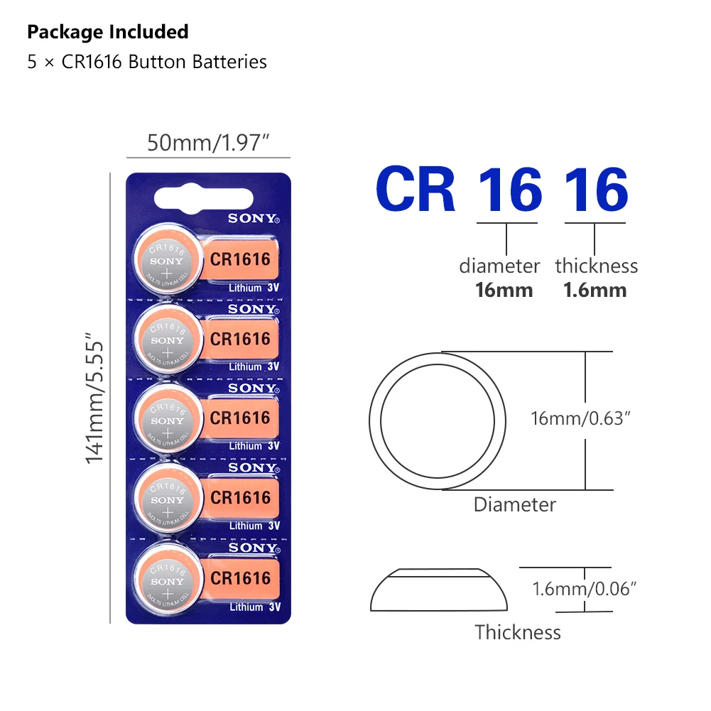 5 шт. CR1616 кнопочная ячейка батарейки-таблетки для SONY cr 1616 3V литиевая Батарея DL1616 ECR1616 LM1616 для мобильного часо-игрушки