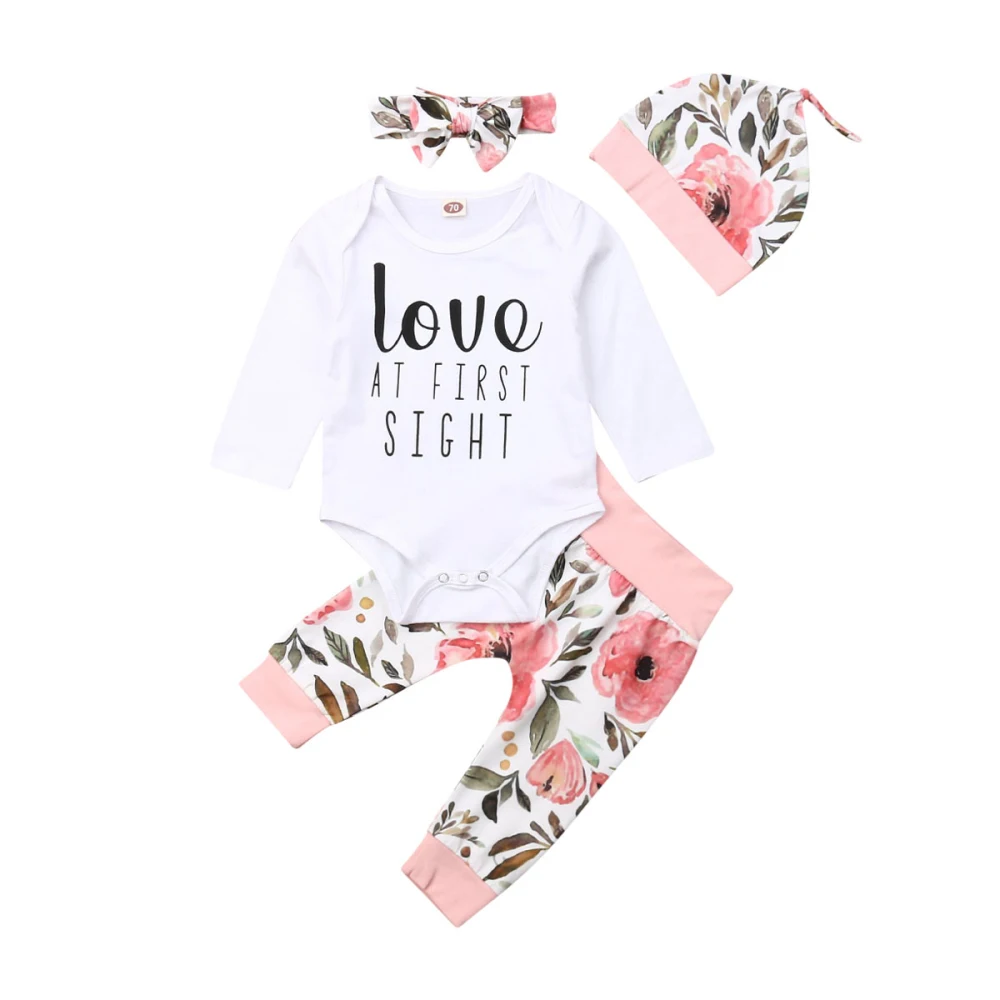 Princess Girl Clothes Autumn Outfit Clothes Long Sleeve Bodysuit Tops+Long Pants 4PCS Kids Set Toddler Baby Size 0-24 Month