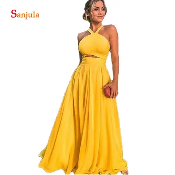 

Halter A-Line Prom Dresses Dark Yellow Chiffon Skirt Charming Prom Gowns Keyhole Waist Sexy Long Graduation Dresses D1144