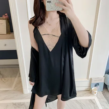 

Satin Perspective 2PCS Sleep Set Kimono Gown Women Sleepwear Sexy Nighty&Robe Suit Lace Patchwork Bridal Wedding Gift Nightwear