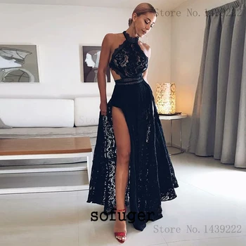 

Black Halter Lace Girl Evening Dresses Prom High Slit Formal Long Arabic Special Occasion Robe De Soiree Plus