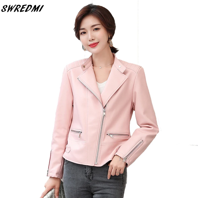 

SWREDMI Women's Leather Jacket Autumn And Winter Motorcycle Leather Coat Sweet Pink Female Jacket Stand Collar Girls Suede
