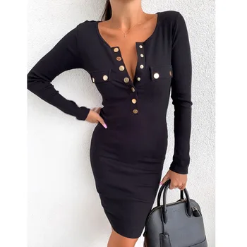 

Spring Casual knitted Short Dress Sexy Button V-Neck Long Sleeve Dresses Autumn Fashion Party bodycon Slim Hips Mini Sundress