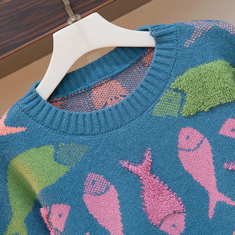 VERHELLEN Мода осень женский длинный рукав маленькая рыбка принт вязаный свободный свитер+ ковбойские брюки для женщин комплект одежды