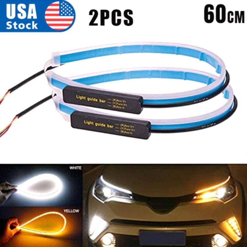 

For Car DRL Headl Light Strip Day Time Running Light White/Amber Waterproof Flexible Flowing Flash Turn Signal Lamp Bar 2Pcs