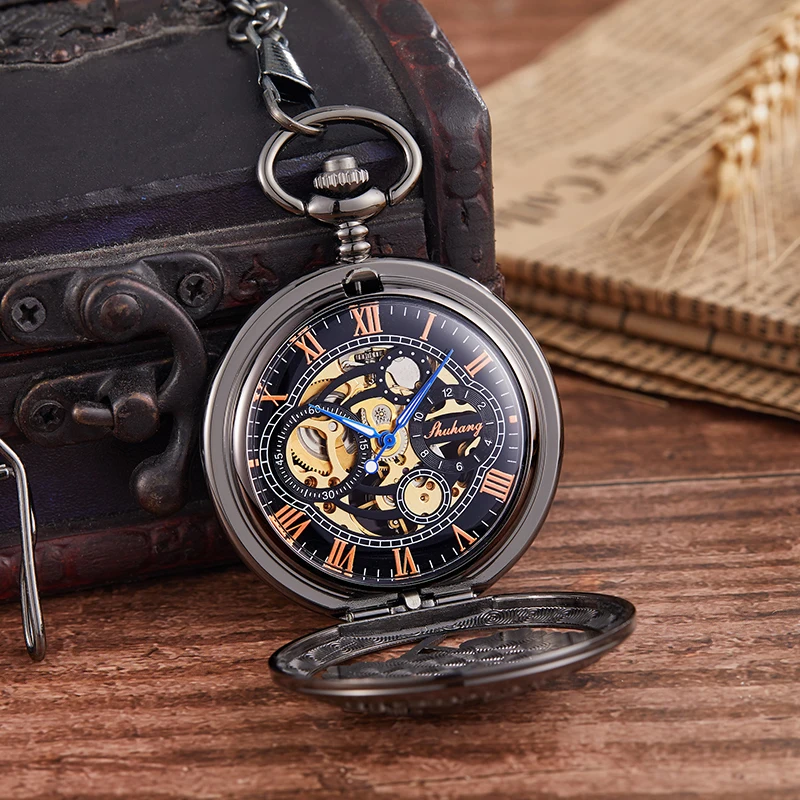 Peony Flower Mechanical Pocket Watch Rich Blossom Symbol Men Gold Hand Wind Retro Fob Pendant Watches Luxury Male Golden Clock