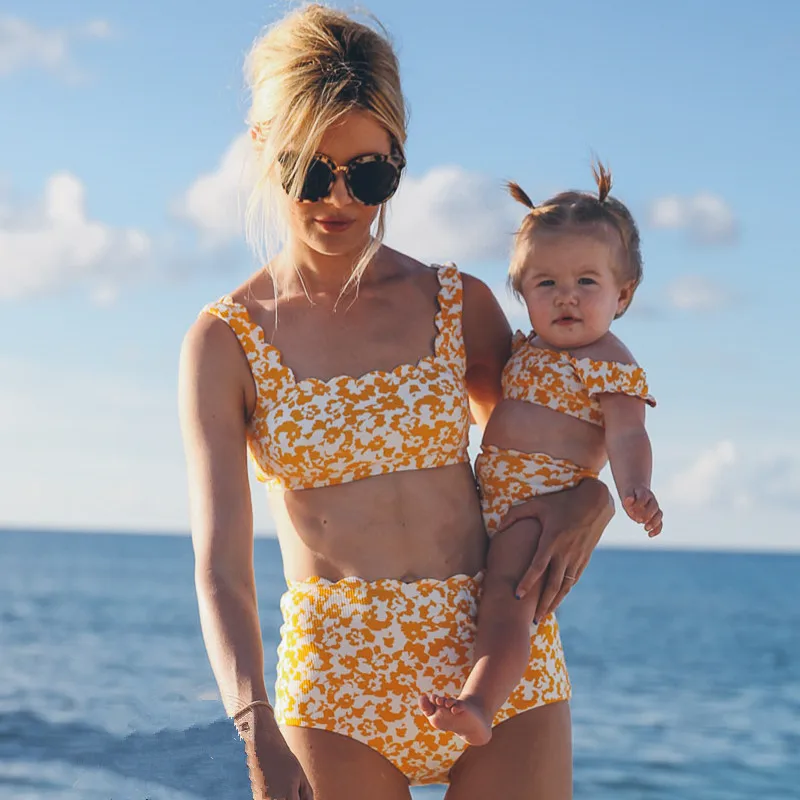 

2020 Family Mathing Mom Daughter High Waist Bikini Set Print Two Piece Swimsuit Parent-child Swimwear Mommy And Me Bikini Mujer