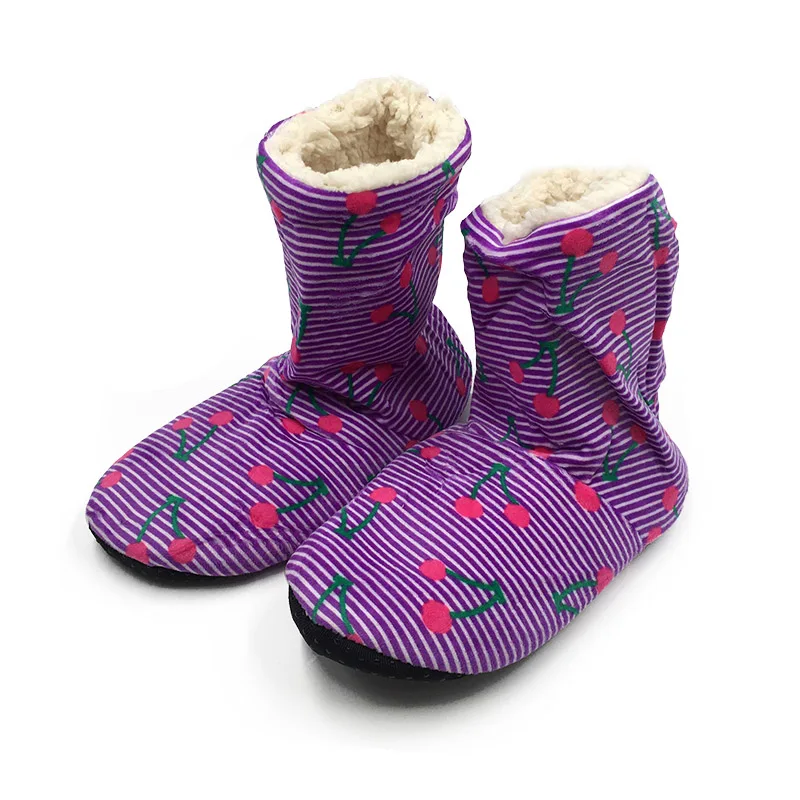 Зимние женские тапочки; плюшевые теплые хлопковые домашние тапочки; рождественские домашние носки; женская обувь с вишнями - Цвет: purple