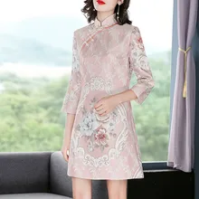 2021 w stylu chińskim wiosenne i letnie pory roku nowa sukienka w stylu retro w połowie długości dopasowana sukienka damska długi odcinek ulepszona qipao tanie tanio NoEnName_Null POLIESTER Suknie Batik CN (pochodzenie)