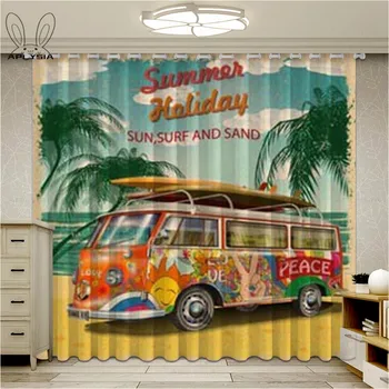 

Summer Holidays Retro Bus Curtains For Window Happy Camp Traveling Living Room Bedroom Drapes Darkening Fabric Cortinas