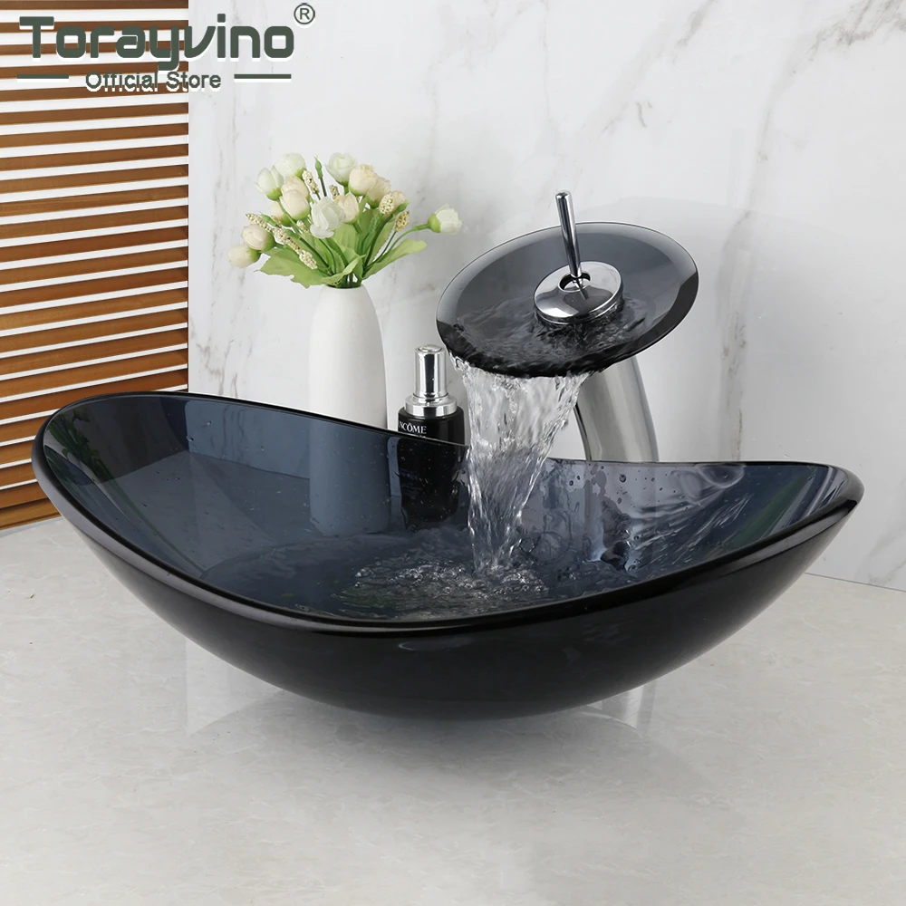 Torayvino Bathroom Glass Tempered Oval Vanity Basin Sink Set Waterfall Spout Deck Mounted Faucet Mixer Tap With Pop Up Drain Kit Bathroom Sinks Aliexpress