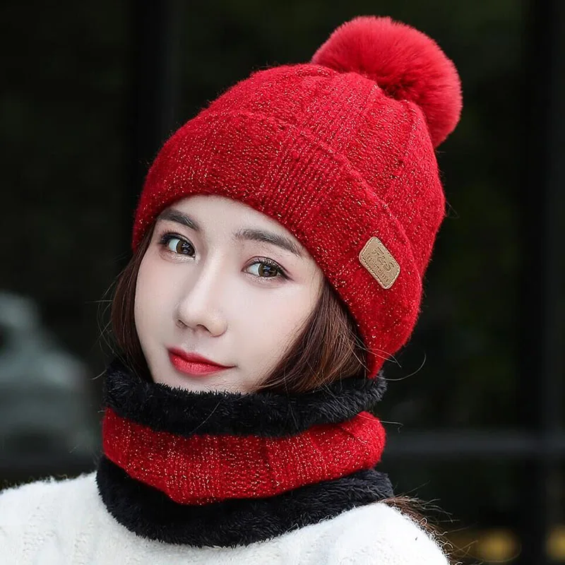 SUOGRY Hot Selling 2pcs Ski Cap And Scarf Cold Warm Leather Winter Hat for Women Knitted Hat Bonnet Warm Cap Skullies Beanies - Цвет: Hat scarf red