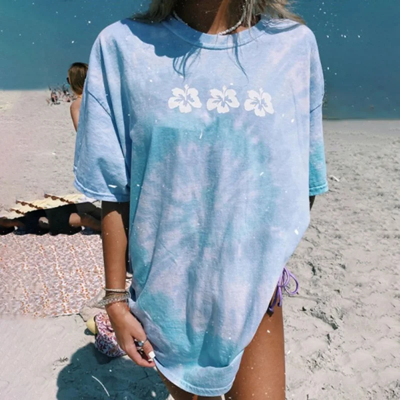 Blue Color Tie Dye Flowers Print Women T shirt O-neck Short Sleeve Loose Tshirts Casual Summer Harajuku Vintage Tops