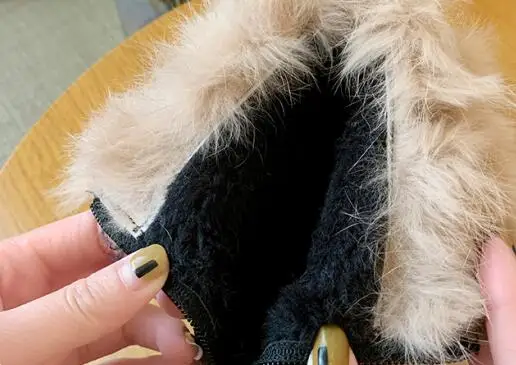 Plush Ankle Boots Women 5 Cm Thick High Heel Short Boots Ladies Winter Shoes Woman Warm Fashion Buckle Black Beige