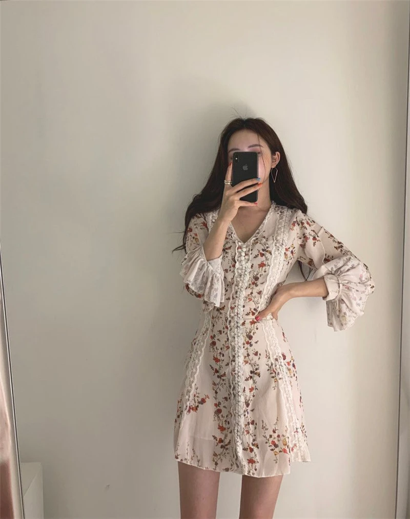 Lace Chiffon Mini Dress Women New Arrivals V-neck Lace Up Slim-fit Floral Print Flared Sleeve Dresses Sweet Sexy Female Spring A