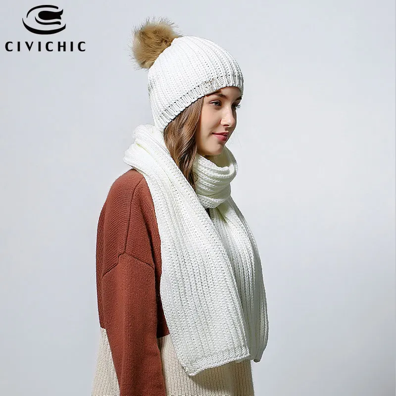 CIVICHIC, Женская Осенняя зимняя вязаная шапка, шарф, 2 шт., теплый комплект, помпон, шапочки, Skullies, вязаная шапка, толстая повязка на голову, повседневная шаль, SH143 - Цвет: White