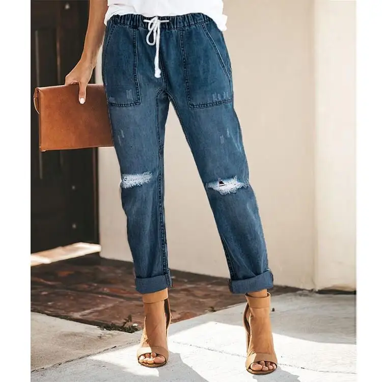 

Autumn Solid High Waist Hole Straight Jeans Women Pockets Elastic Waist Denim Pants Loose Casual Trousers