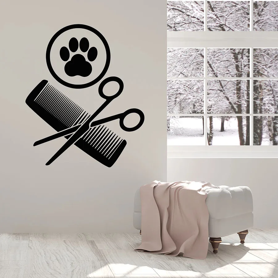 Wall Decal Grooming Scissors Comb Paw Pets Shop Nursery Interior