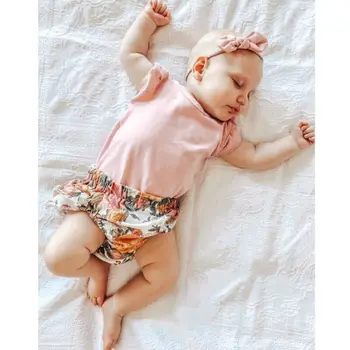 

3PCS Infant Newborn Baby Girl Clothes Ruffle sleeve pink Bodysuit Tops Baby Romper Jumpsuit+Shorts+Headband Outfit Set 2020 Hot