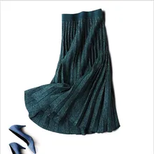 Осень Зима гибкий эластичный пояс стрейч высокая талия миди плиссированная юбка с блестками для женщин женские юбки saias