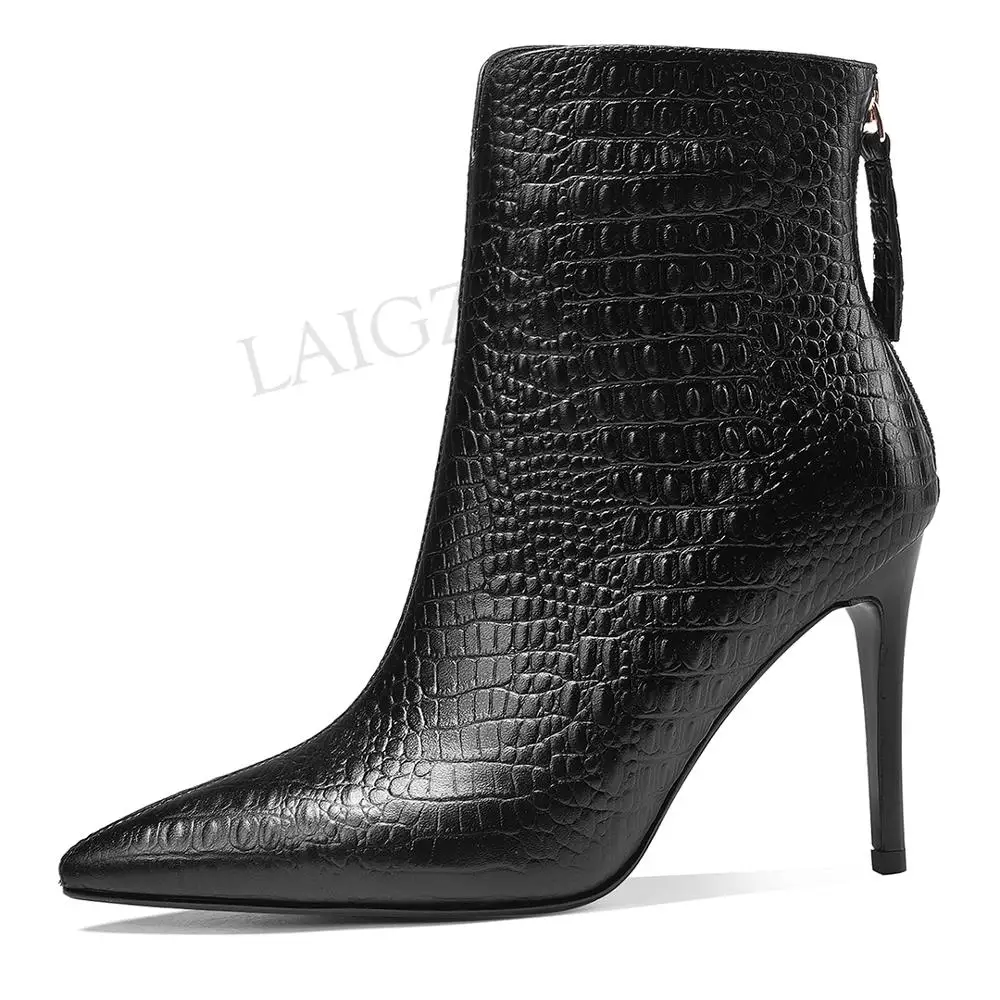 

LAIGZEM Women Ankle Boots Stiletto Heels LEATHER Short Booties Corcodile Ladies Shoes Zapatos Botines Botas Mujer Size 37 38 39