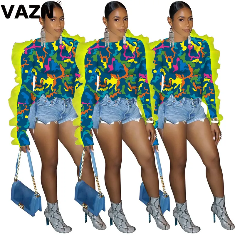 VAZN, камуфляжная, удобная, популярная, кружевная, новинка, женская мода, элегантный топ,, Повседневная футболка, высокий ворот, полный рукав, женская футболка