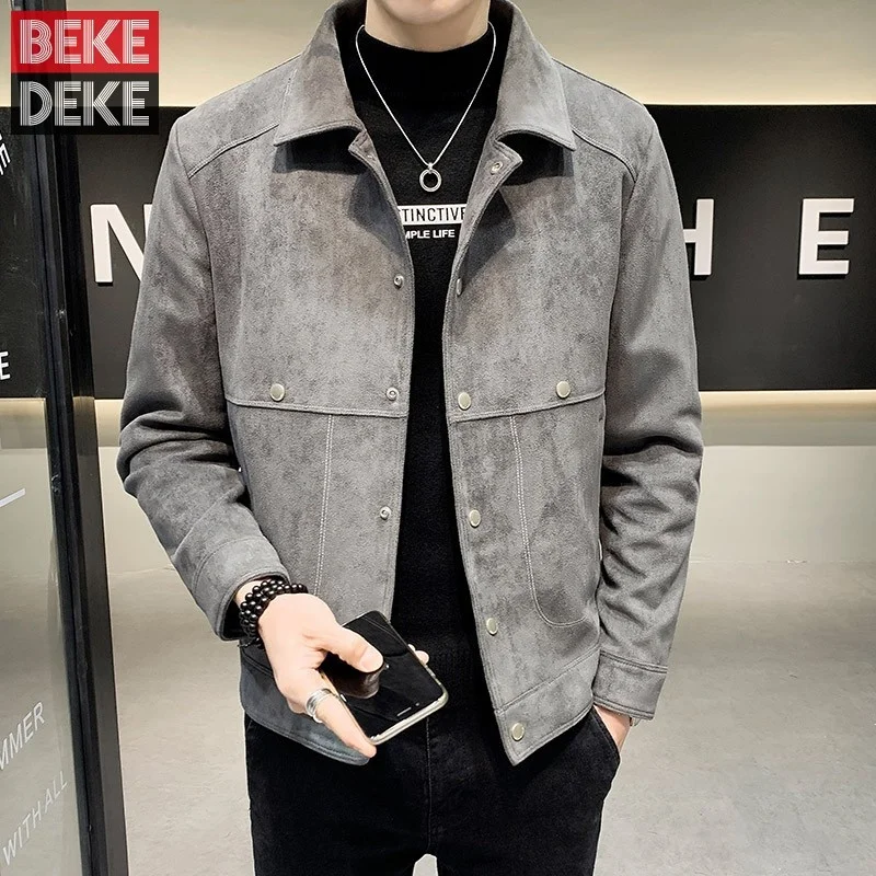 

Мужская замшевая однобортная куртка, Повседневная винтажная куртка из искусственной замши с длинным рукавом и отложным воротником, осень 2022