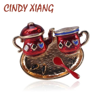 

CINDY XIANG Red Color Enamel Teapot And Cup Brooches For Women Coffee Cup Pin Fashion Creative Design Jewelry Unisex Style