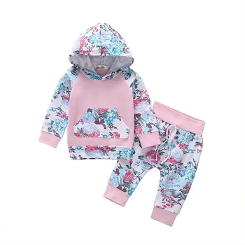 

New Children's Printed Hooded Long-sleeved Two-piece Autumn Pink Trouser Suit