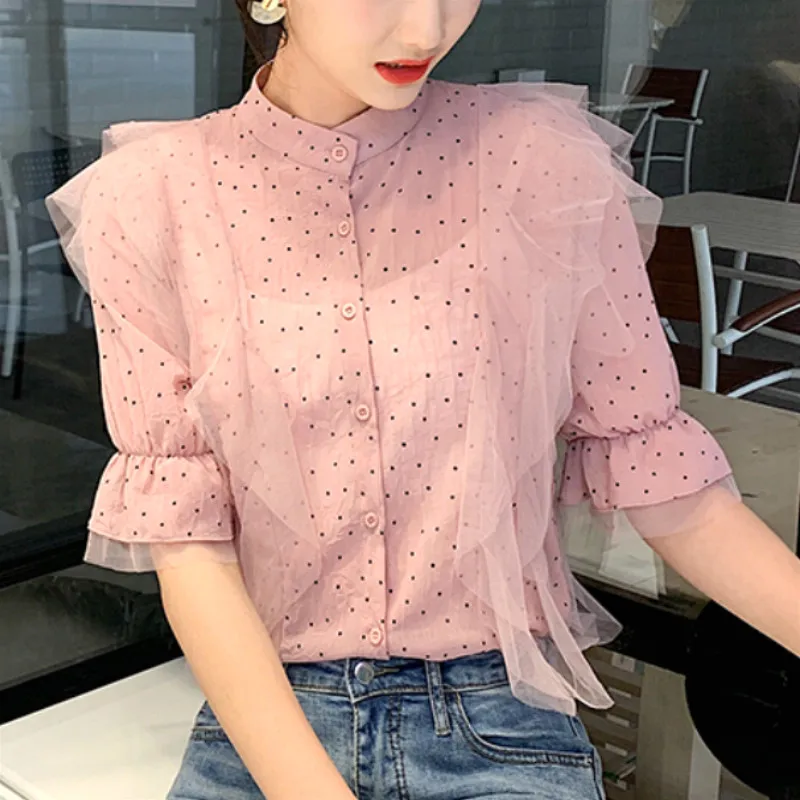 

Womens tops and blouses 2019 ladies tops chiffon blouse shirt for women pink short Spliced Polka Dot Stand blusas femininas 0167