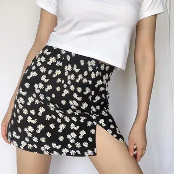 

Women Hem Floral Print Pencil Side Slit Mini Skirt 2020 Summer Women Fashion Mini Skirt With Front Split In Daisy Floral