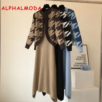 

ALPHALMODA 2019 Autumn Winter Women Houndstooth Cardigans + Sling-dress 2ps Fashion Suit Elegant Knitting 2pcs Set
