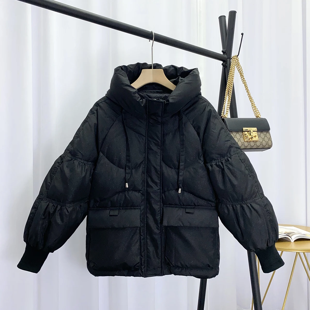 

Winter Fluffy Warm Irregular Short Outwear Drawstring Hooded Light Feather Bread Jacket Women Windproof Sleeve Down Coat