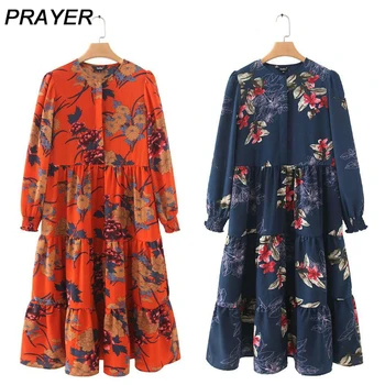

2020 women floral print mid calf shirt dress long sleeve o neck pleated female casual retro midi dresses vestidos mujer