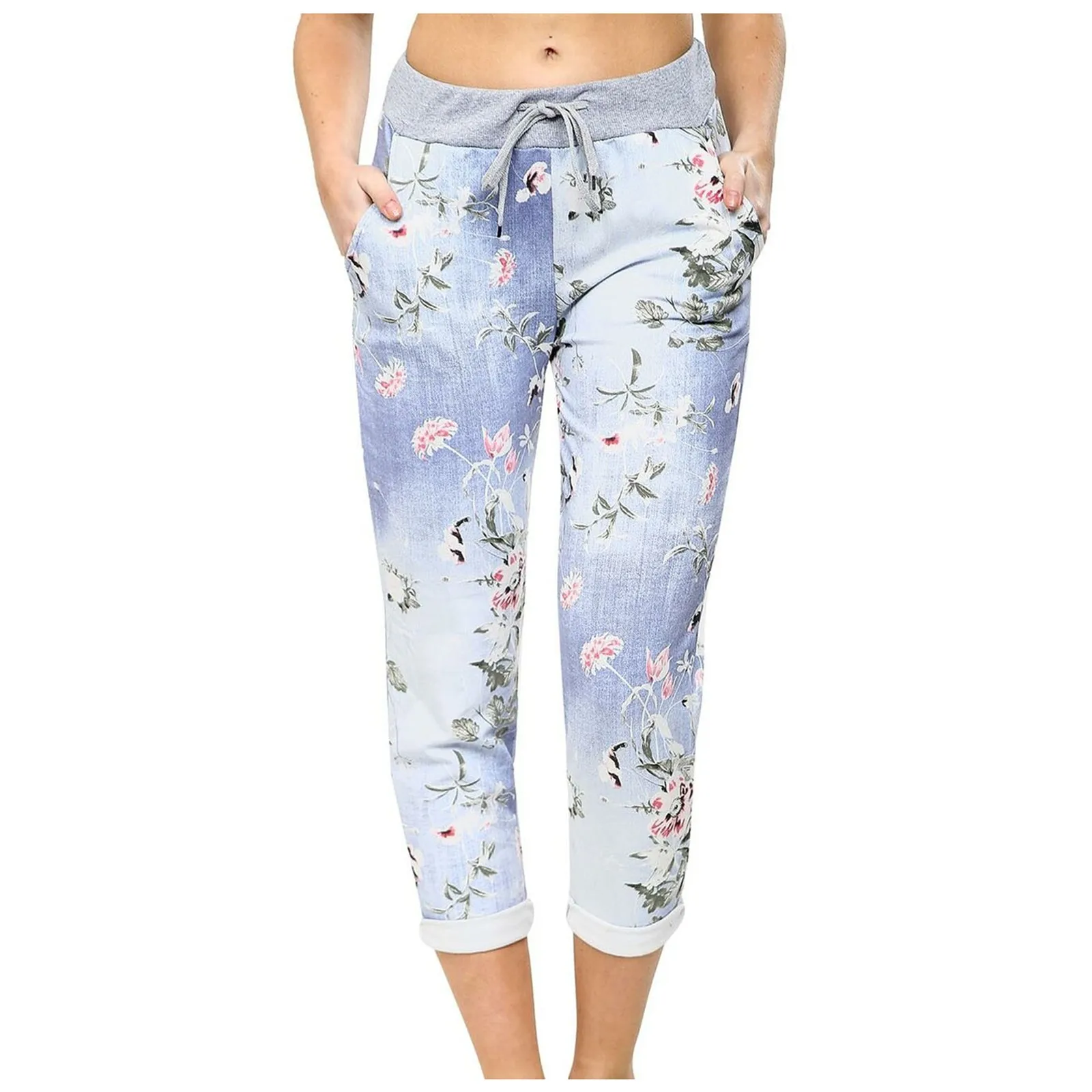 Women's Casual Fashion Denim Floral Print Elastic Waist Lace-Up Straight Casual Pants Cropped Trousers Autumn Loose Pants Mujer 2