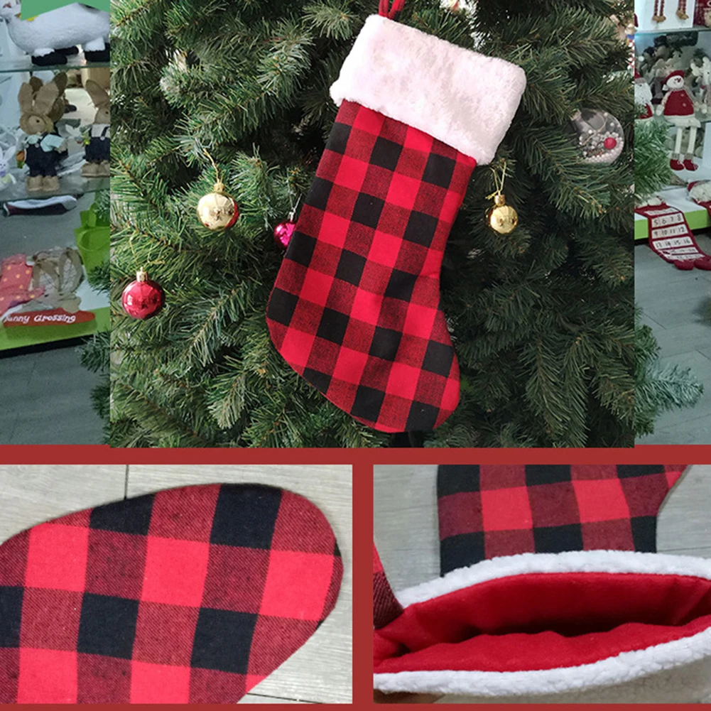 Christmas Gift Stockings Plaid Print Gift Bag Candy Bags Gift Packaging Storage Pouch Xmas Stockings Christmas Hanging Ornement