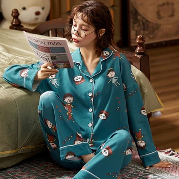 

New Lazy Pajamas Style Girl 2020 Autumn Winter Full Cotton Women Pajamas Set Long Sleeve Women Sleepwear Long Pant Girl Pajamas