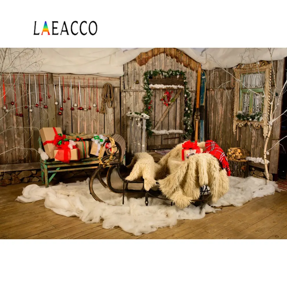 Laeacco Рождественские сани деревянная доска лестница дерево подарок свеча Фото фоны фотосессия фотография фоны для фотостудии
