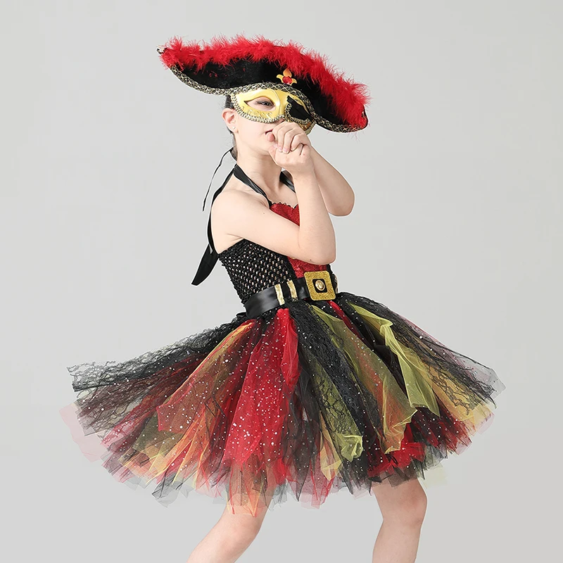 Girls Pirate Tutu Dress Costume Black Red & Gold Glitter Kids Deluxe Pirate Masquerade Halloween Role play Party Tutu Clothes (3)