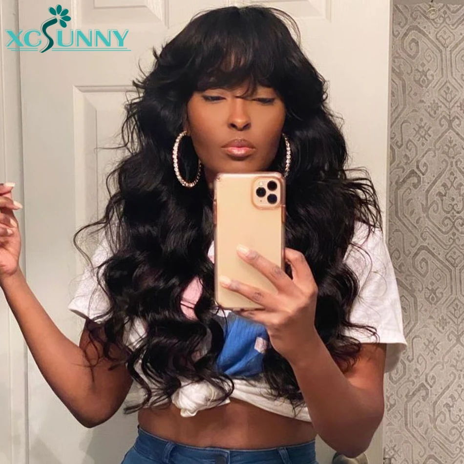 Bangs Wig Human Brazilian Wavy O Scalp Top Full Machine Made Human Hair Wig With Bangs Remy For Women 24inch 200 Density Xcsunny