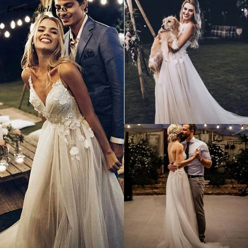 

Modest Tulle 2019 Wedding Dresses Spaghetti V-Neck 3D Floral Appliques Zipper Back Boho Country Bridal Gowns abiti da sposa