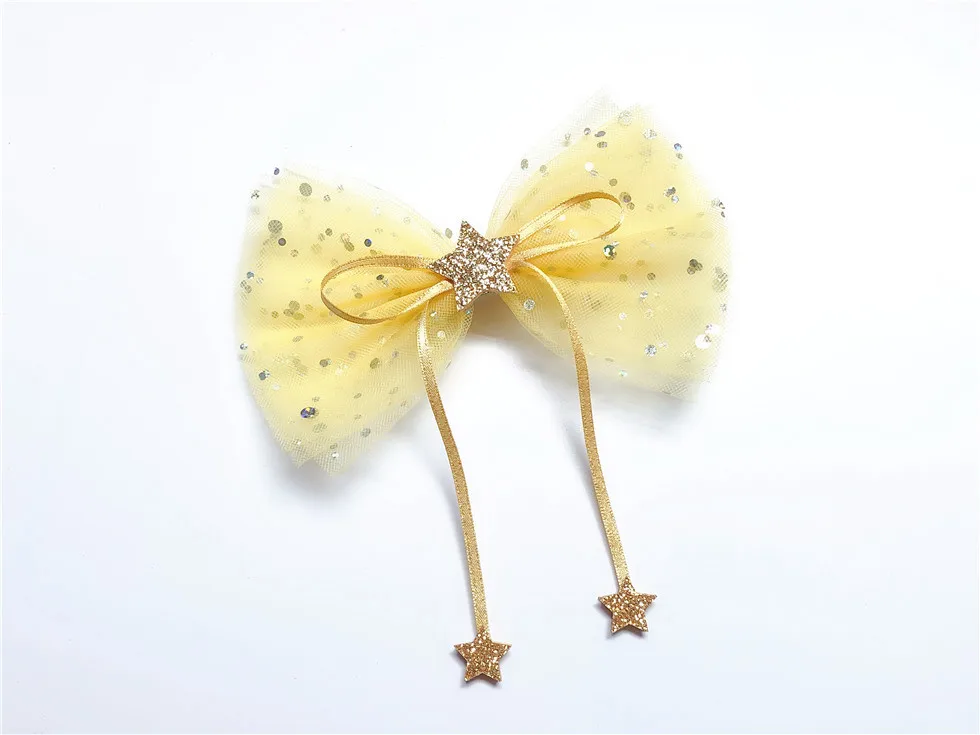

Boutique 5pcs ins Fashion Glitter Star/Snowflake Mesh Bow Hairpins Solid Gauze Ribbon Bowknot Hair Clips Princess Headwear