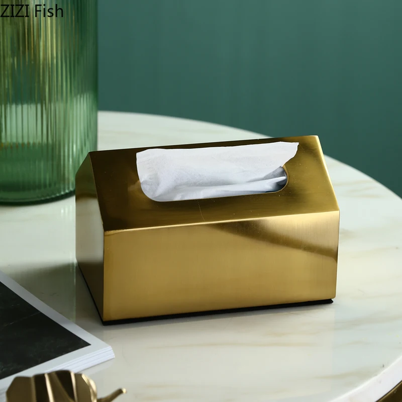 Metal Tissue Box Square Golden Rectangle House Geometry Desktop Storage Organization Modern Home Decoration Accessories 2