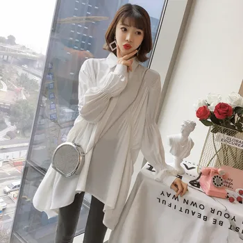 

2020 Spring Korean Office Lady shirts Irregular Shirt Tops Korean-style White Shirt Women's lantern Sleeve casual shirts