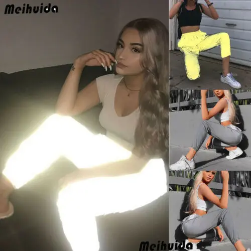 

AU Women's Reflective Pants Hip Hop Dance Show Party Night Jogger Baggy Trousers