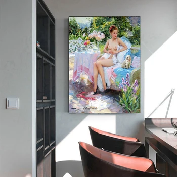 

Fashion Lady and Puppy Oil painting On Canvas By Konstantin Famous Artwork Nude Poster Print Modern Wall Picture for Living Room