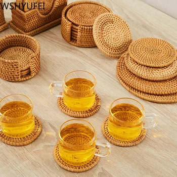 

new style Placemat Pad Coasters Kitchen Table Mats rattan coaster Bowl Mats Padding Mat Insulation Pad Round Placemats Hand-made